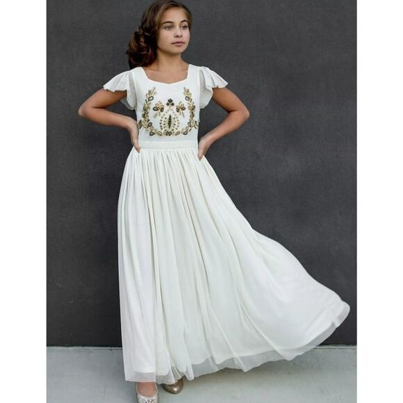 Mia Joy Girls Ivory Maxi Dress With Gold Embellished Bodice Flutter Sleeves & Fl - Picture 14 of 16